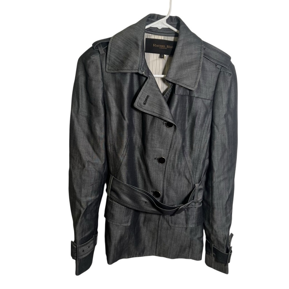 Rachel Roy Signature Womens Size 2 Trench Coat Rain Coat Dark Gray Chambray Belt